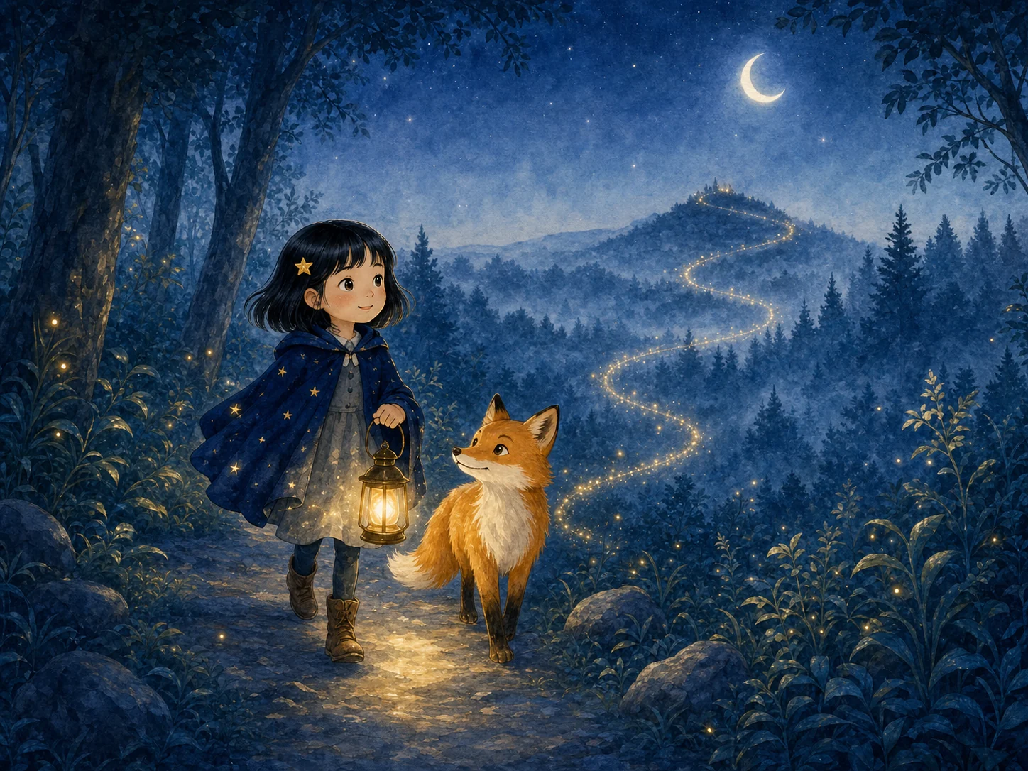 A fictional child and a lantern fox walking through a moonlit forest